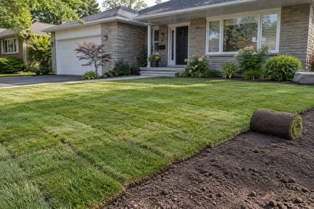 Fresh sod laid in staggered rows on prepared soil at a bungalow