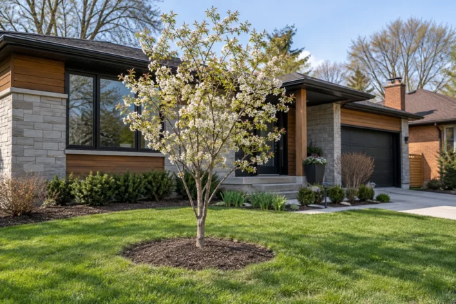 Small ornamental tree set within a front lawn