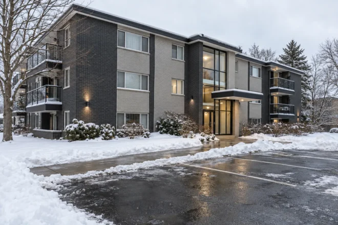 Low-rise rental parking area after snowfall