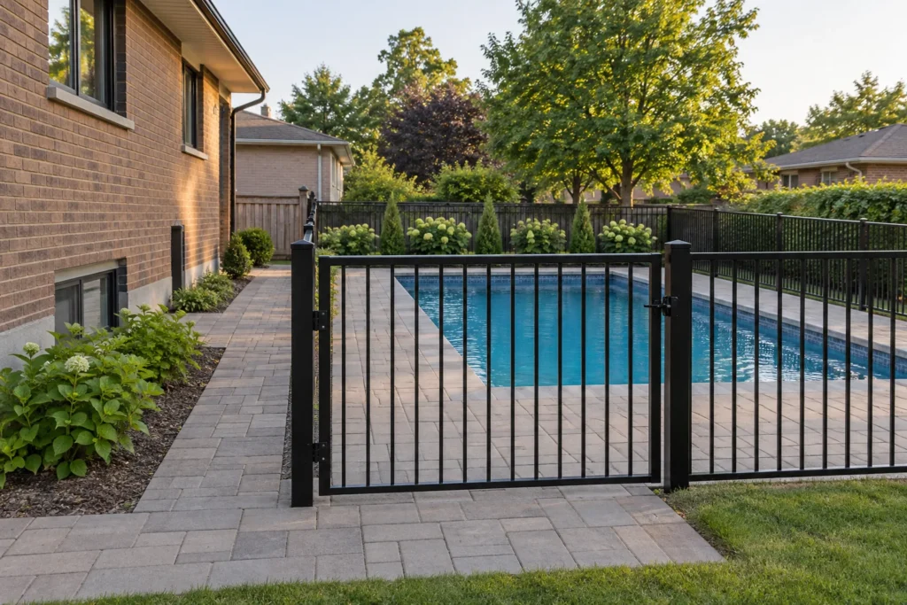 Closed black pool enclosure gate with a clear level paved approach