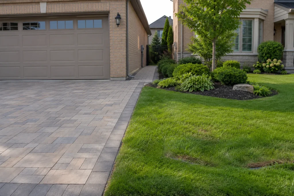 Dark-edged paver driveway beside a beige-brick garage and a shallow front-lawn depression with a small drain grate