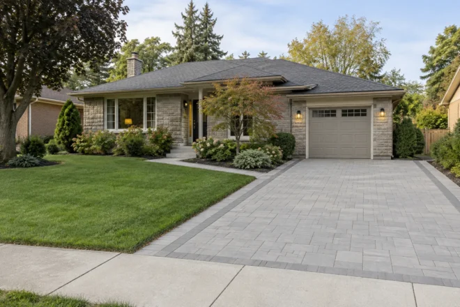 Light-grey paver driveway and a clear entrance walk at a stone bungalow with retained front lawn