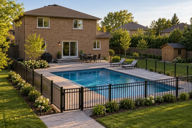 Medium backyard pool with paver surround beside a brown-brick two-storey home