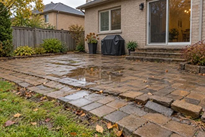 Older paver terrace with broad settlement, displaced edges and shallow puddles after rain.