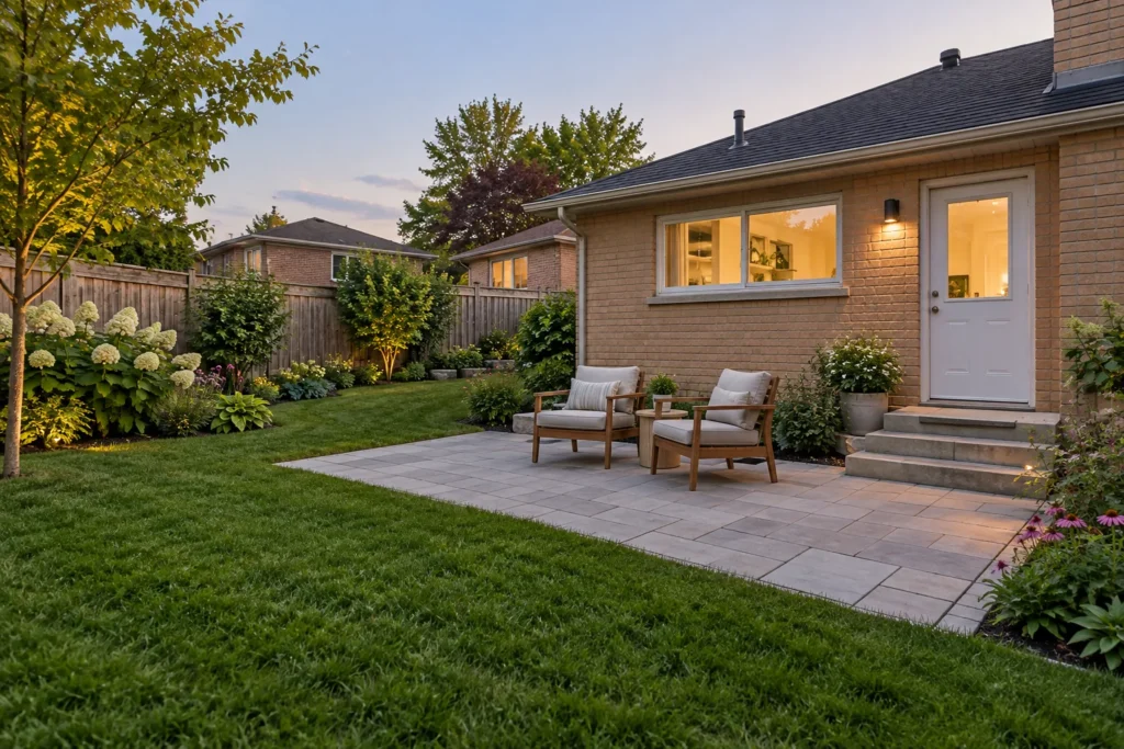 Two chairs on a small terrace connected to lawn, planting and back-door steps