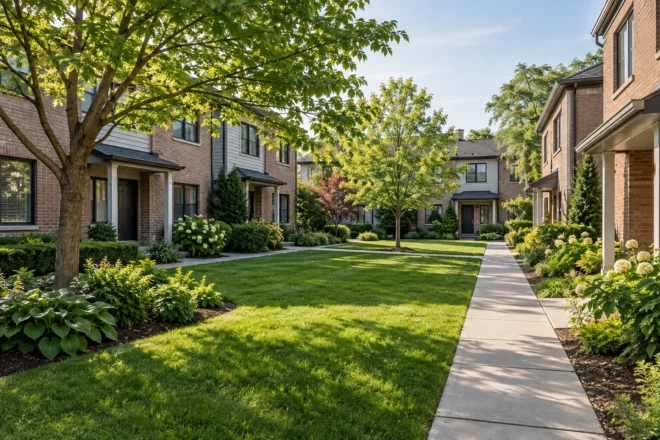 Townhouse common lawn between modest residential blocks