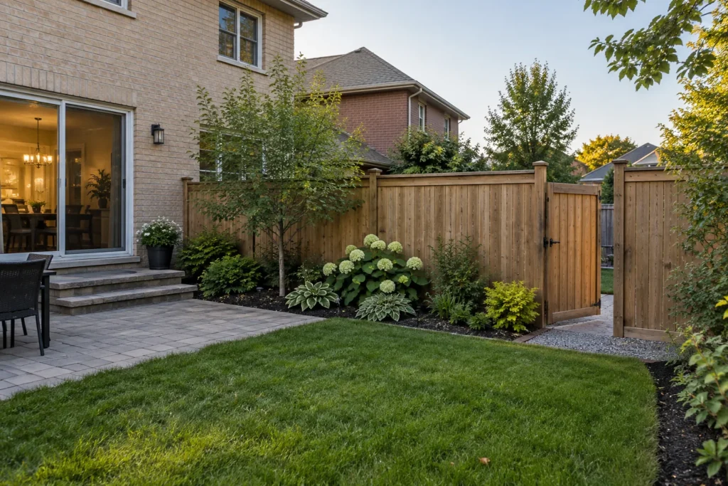 Fence and planted border positioned without enclosing the access gate