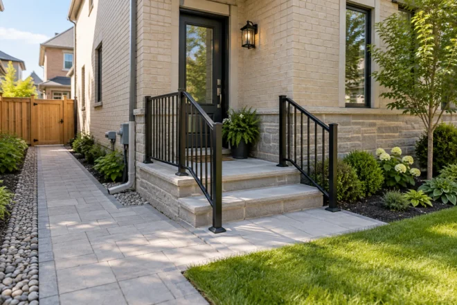 Two low side-entry steps with black rails beside a beige-brick house.