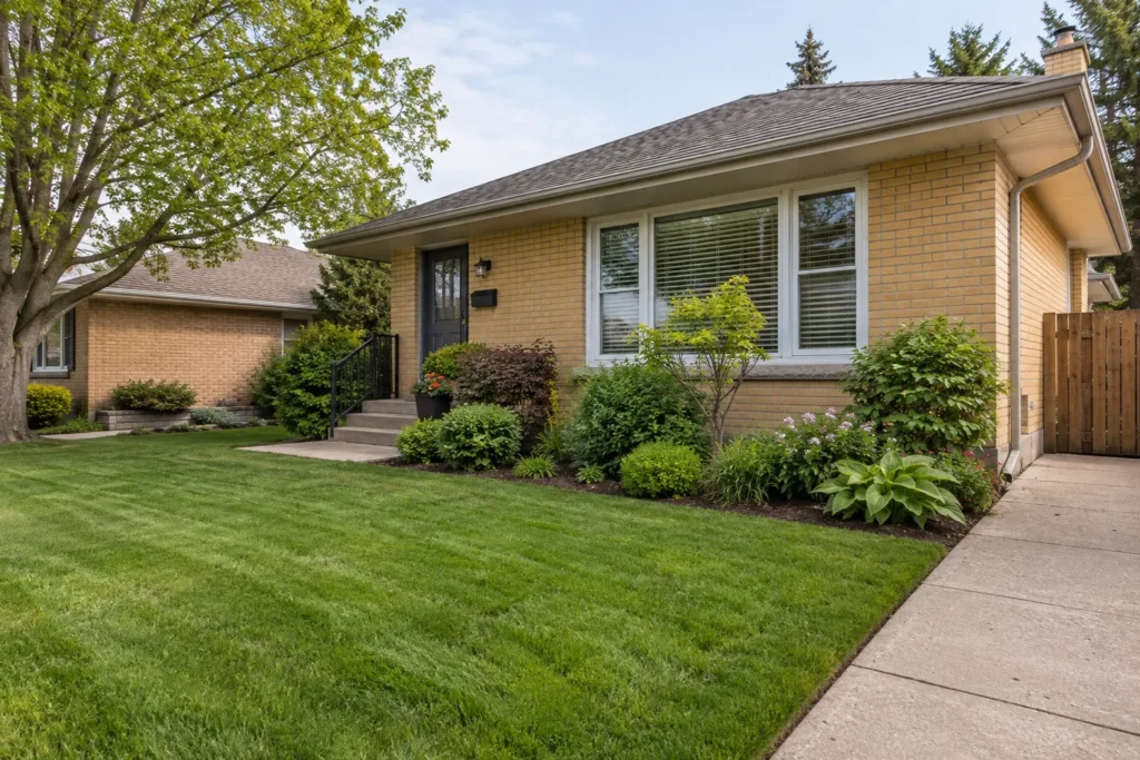 Mown lawn and maintained front planting beside a bungalow walkway