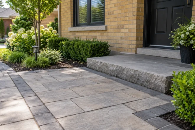 Clean matte paving beside a broad stone entrance landing