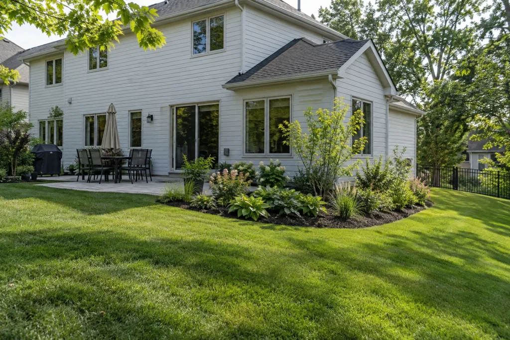 Patio, garden bed and gently sloping lawn behind a white-sided home
