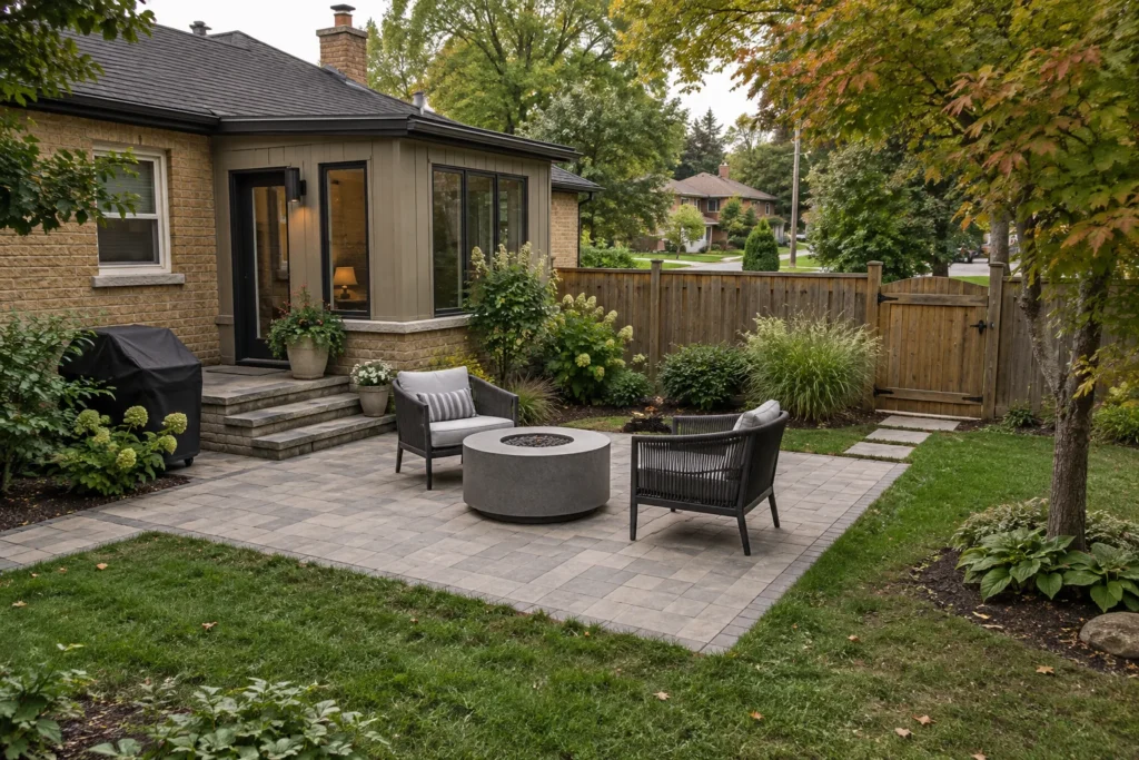 Unlit round gas table and chairs on a paved terrace with a clear route to the garden gate.