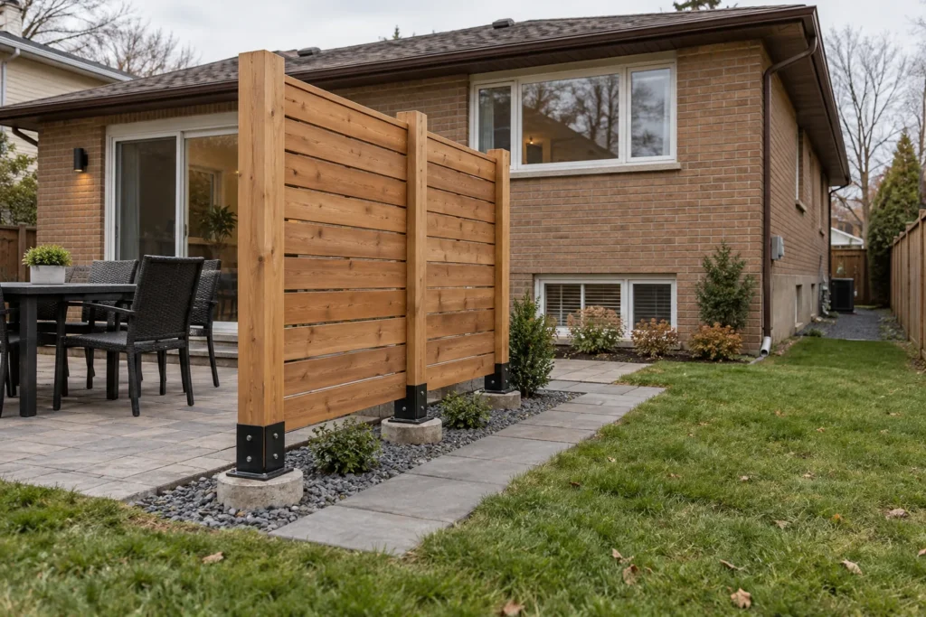Freestanding cedar privacy panels supported by metal post bases on concrete piers