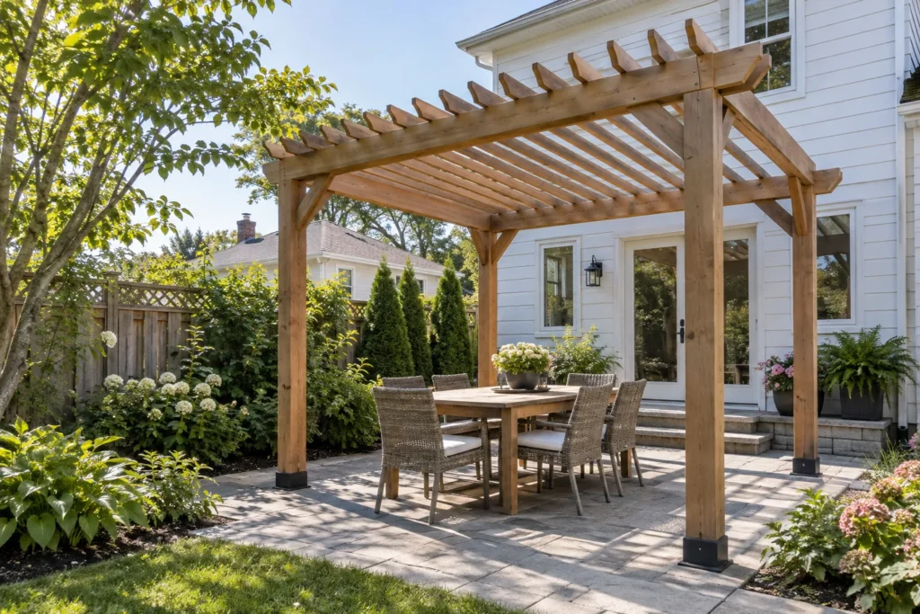 Open slatted roof with credible joinery and no solid-roof implication