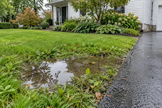 Front lawn low spot holding water beside an asphalt driveway