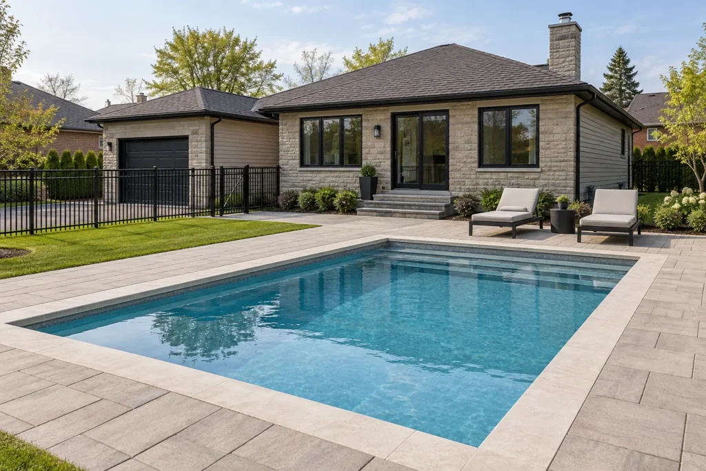 Poolside paving with two loungers and open walking space beside a bungalow