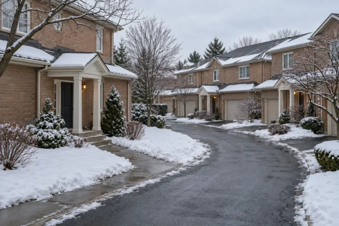 Townhouse complex common drive after snowfall