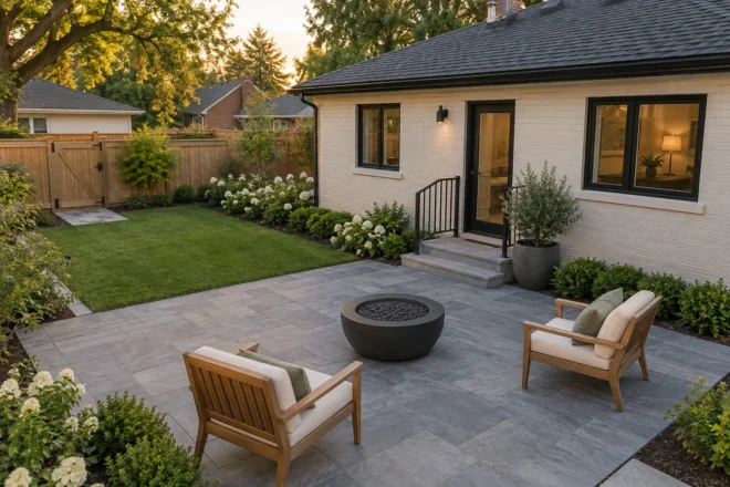 Unlit gas bowl and timber chairs on a stone courtyard beside a cream-brick bungalow.
