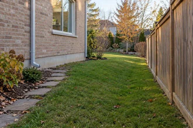 Shallow grass swale and side-yard stepping stones kept clear of autumn leaves.