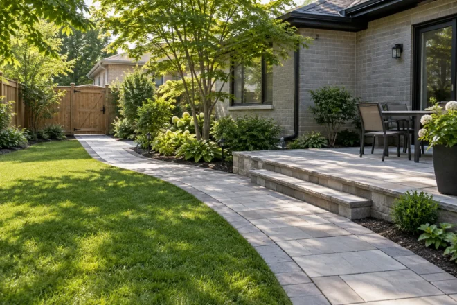 Curved paver path linking a rear terrace with a timber side gate.