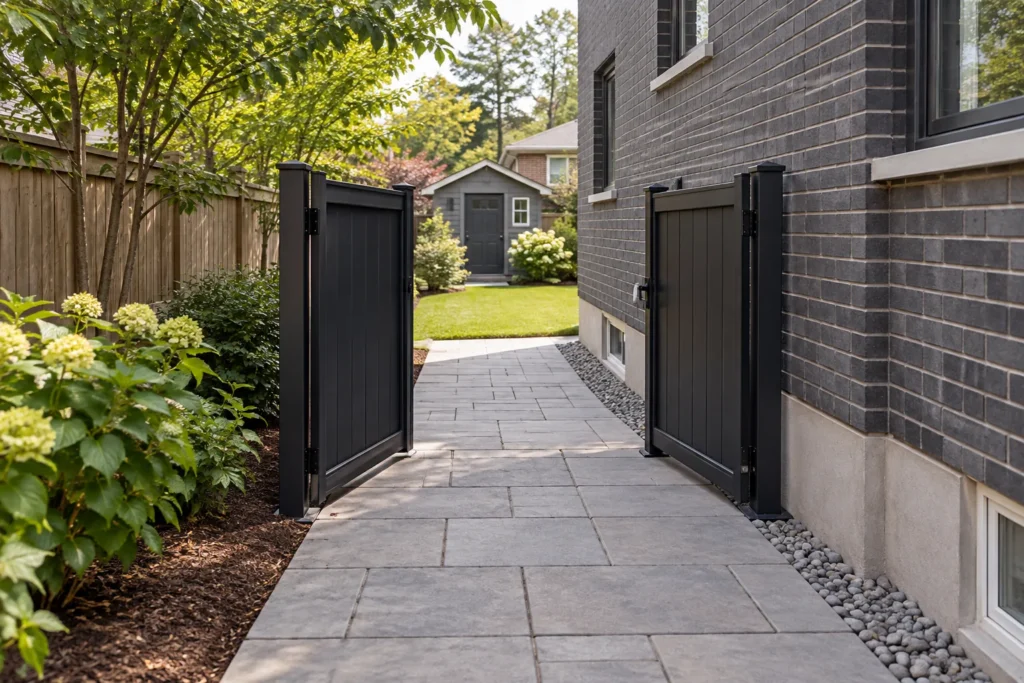 Open dark gates across a clear paver side path beside a brick home
