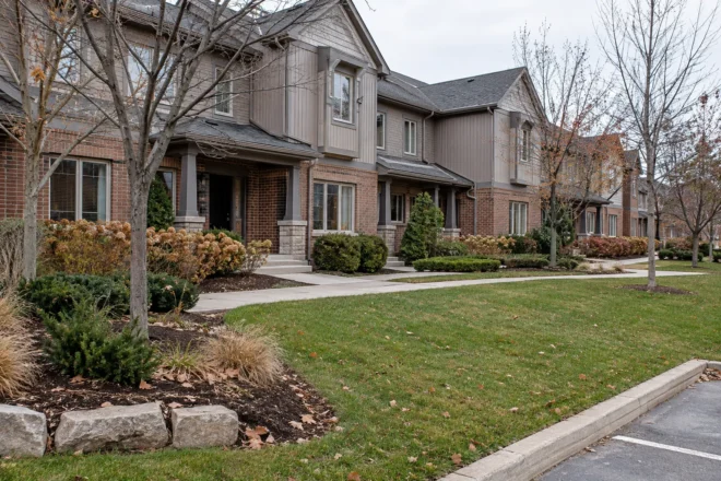 Townhouse complex with shared lawns and entrance beds