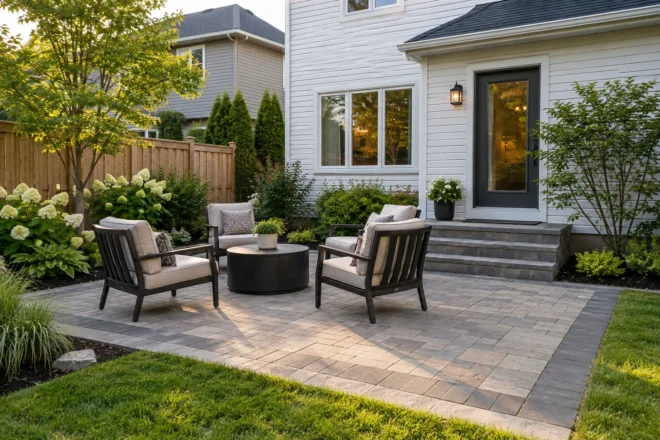 Four lounge chairs around a round table on a small paver patio beside a white-sided house.