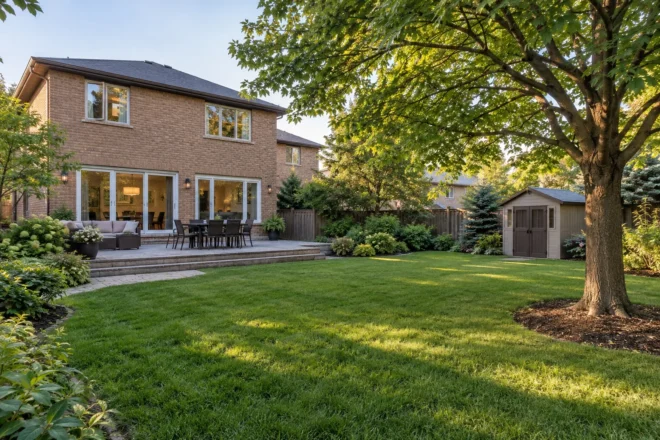 Medium backyard tree placed beyond the seating terrace