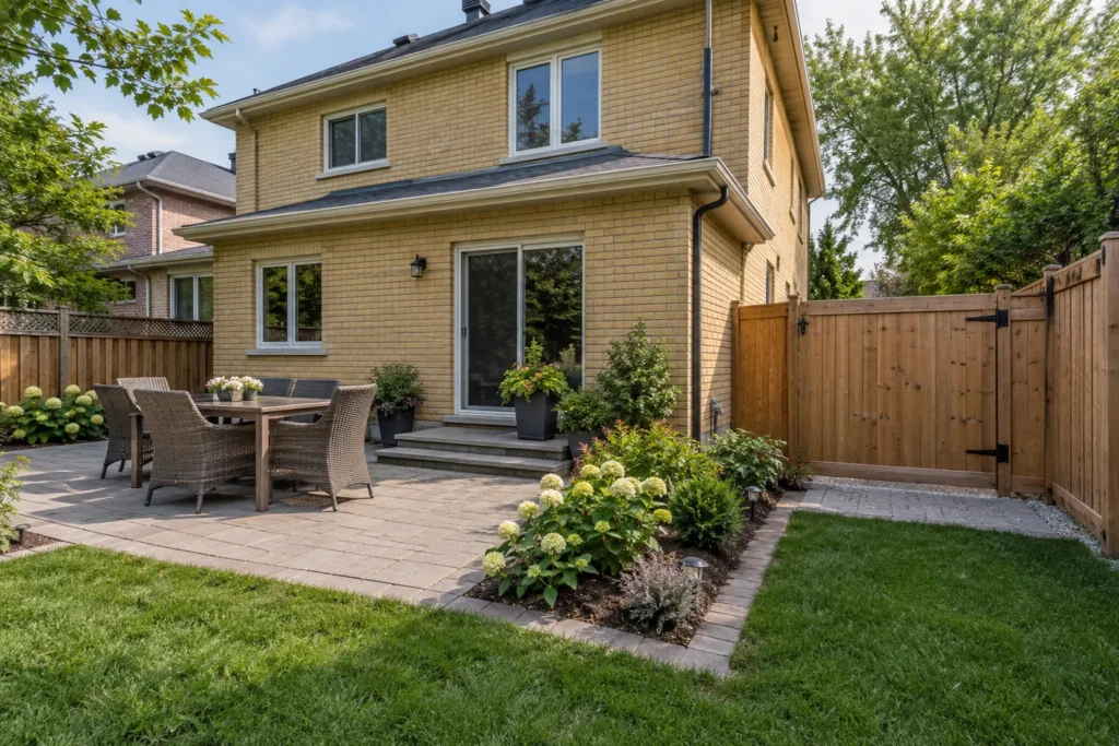 Cedar fence and rear gate beside a dining patio