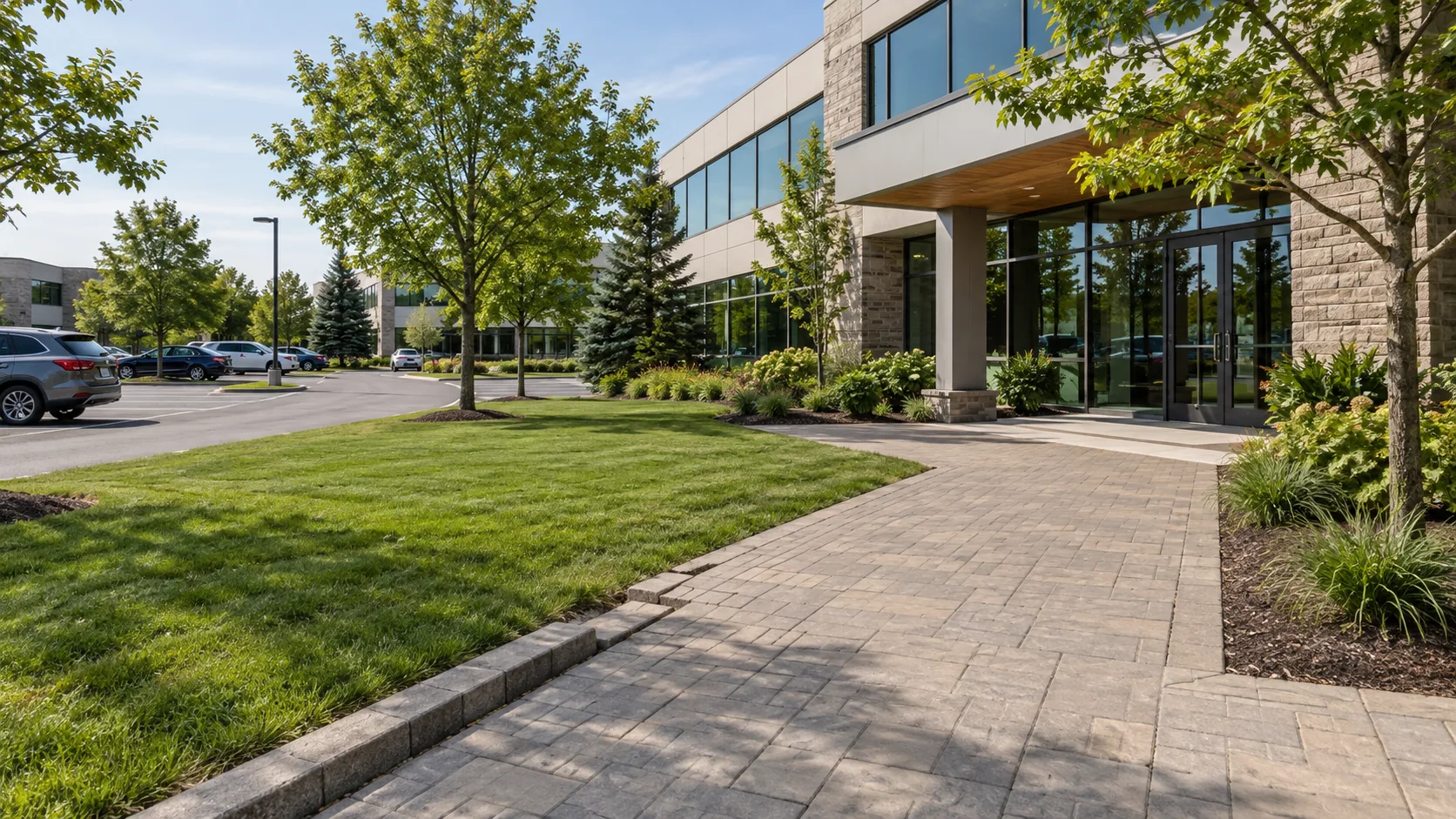 Managed multi-building property with practical common landscaping and clear service zones