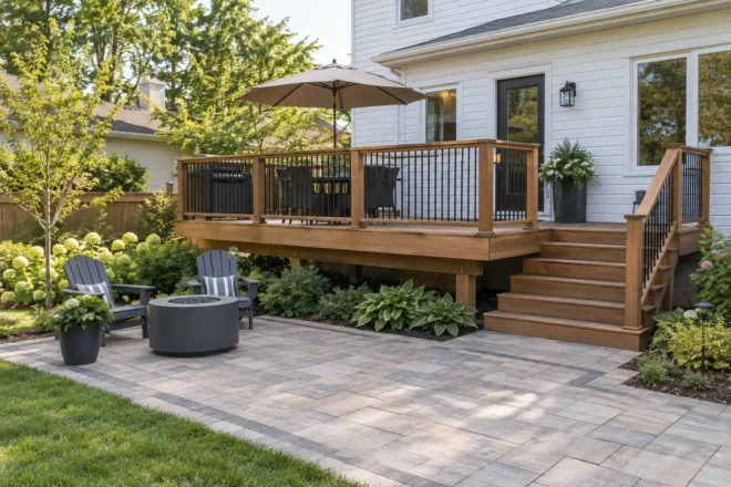 Deck linked to a small paver terrace
