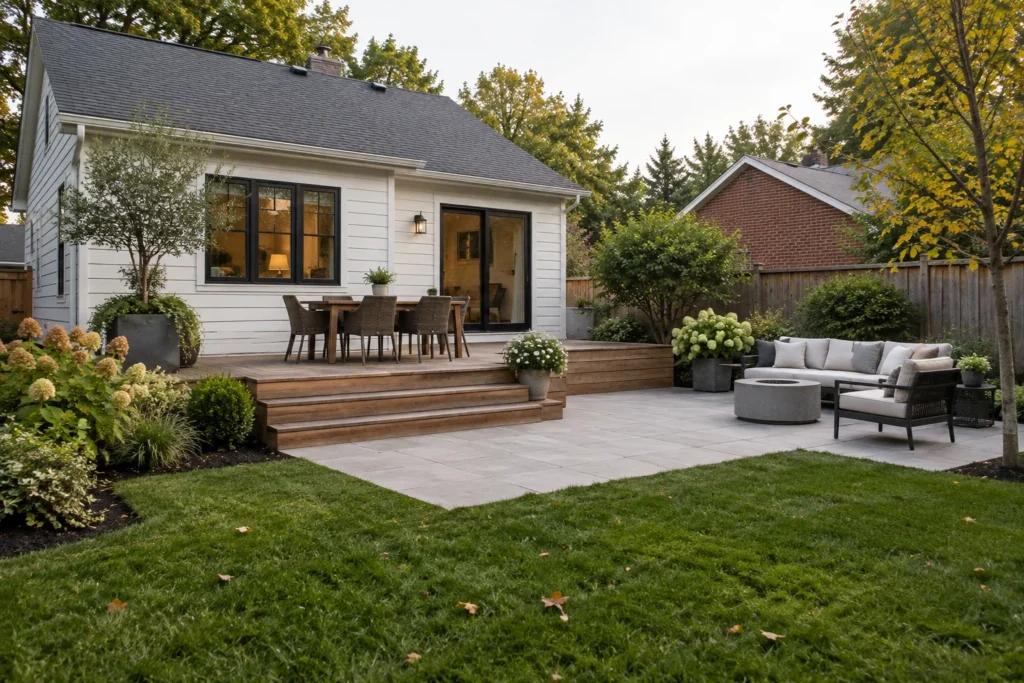 Low wood dining deck and connected lower seating terrace behind a white-sided home