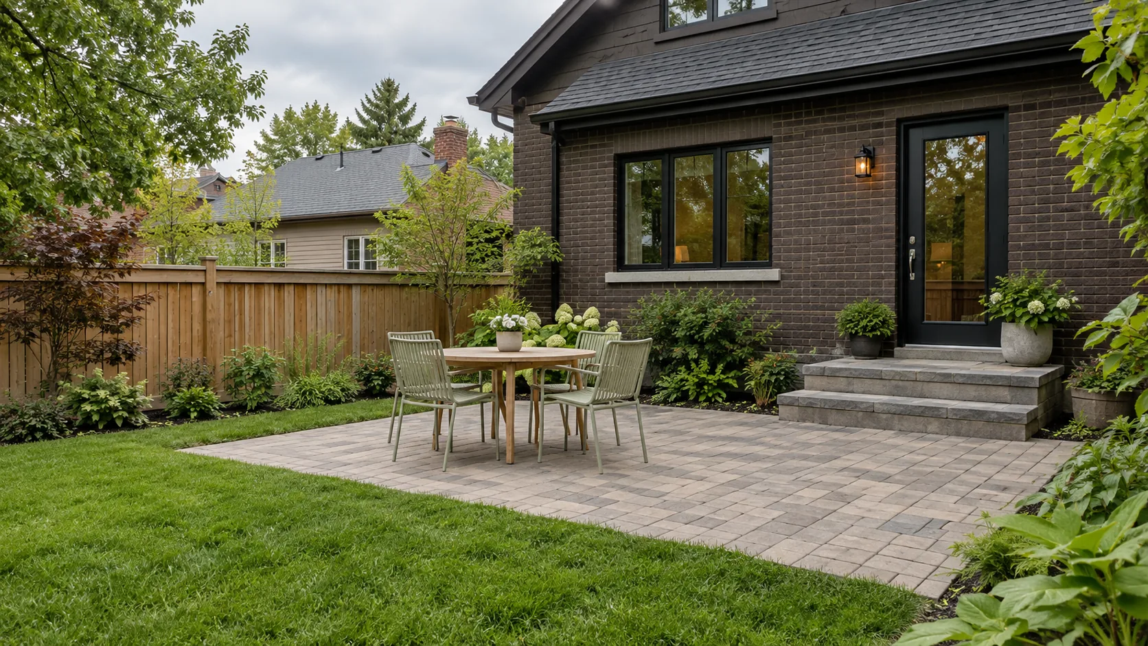 Four-chair dining patio with clear space beside a dark-brick home's rear landing