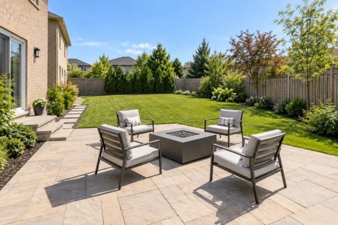 Open paver lounge with an unlit square gas table and four chairs separated from garden fences.