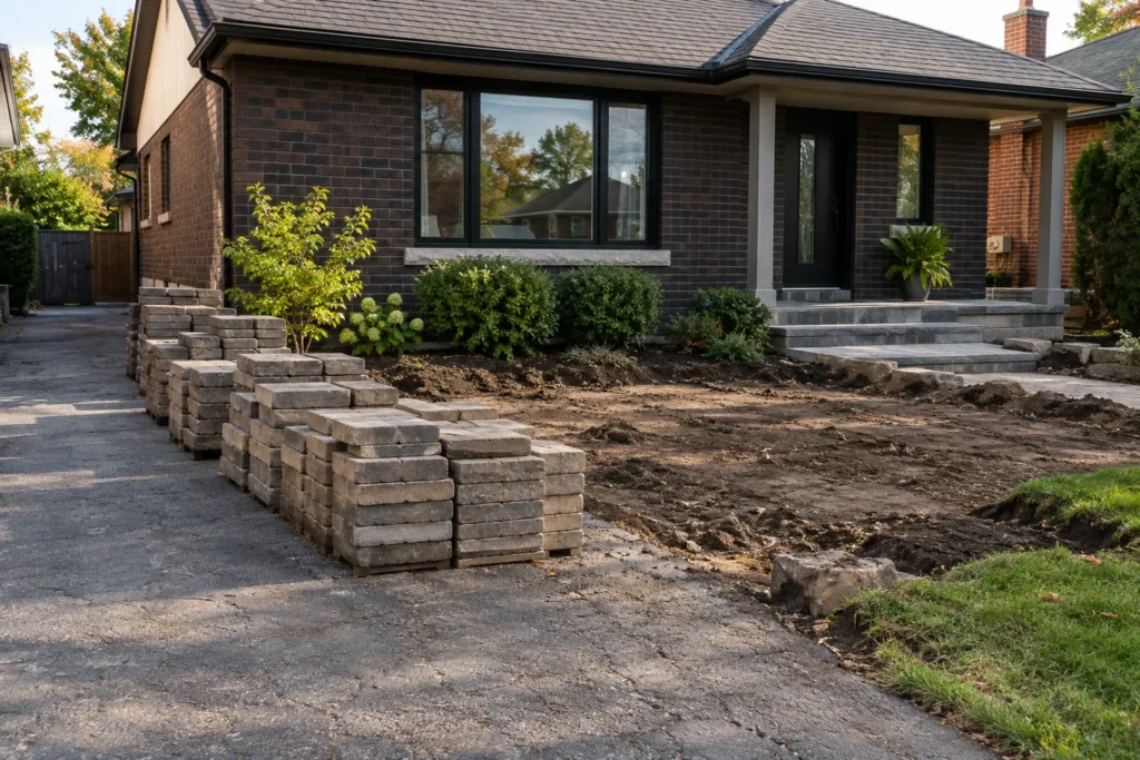 Removed paving stones staged on an old driveway beside stripped landscaping ground
