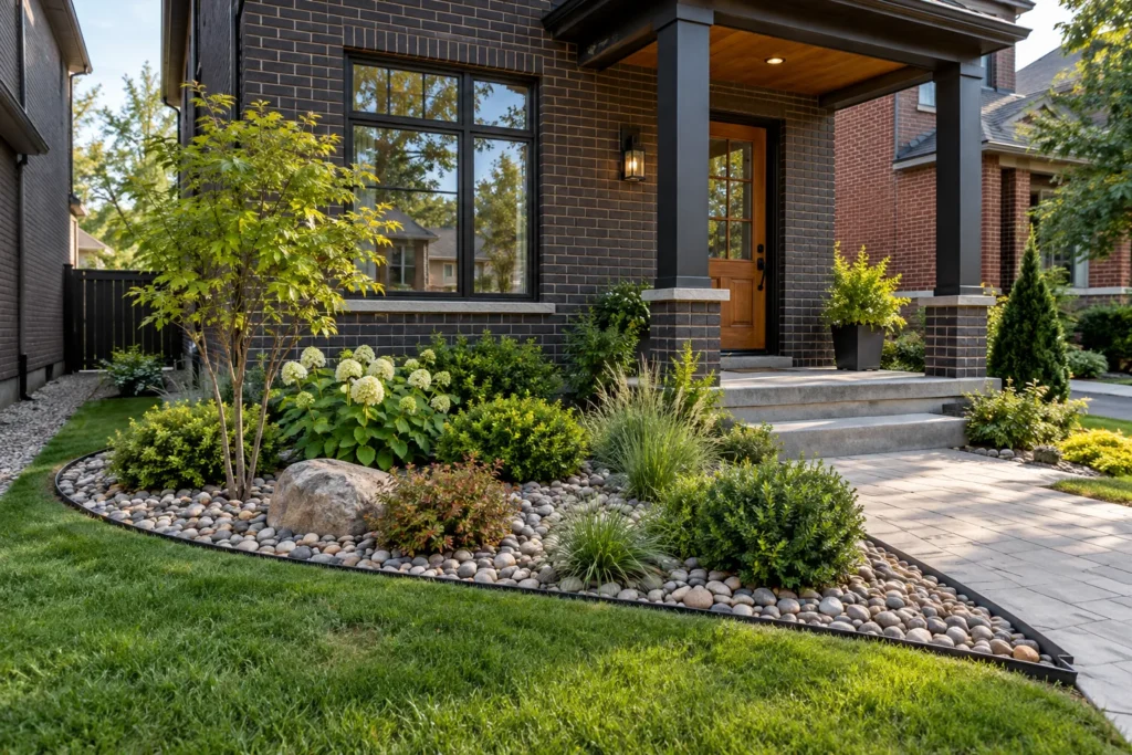 River-stone garden bed contained by dark edging beside a front walk