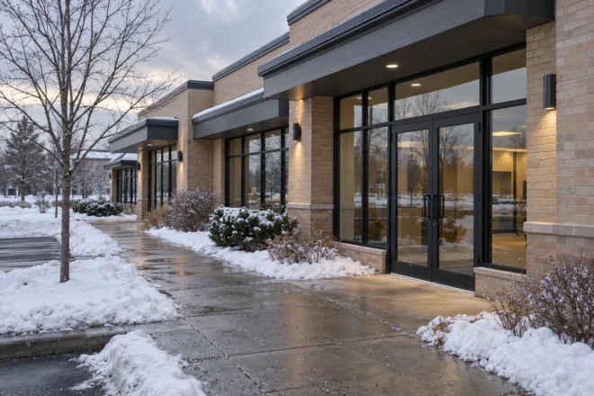 Retail plaza pedestrian route during refreeze conditions