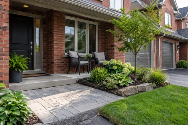 Townhouse patio with a small planted perimeter