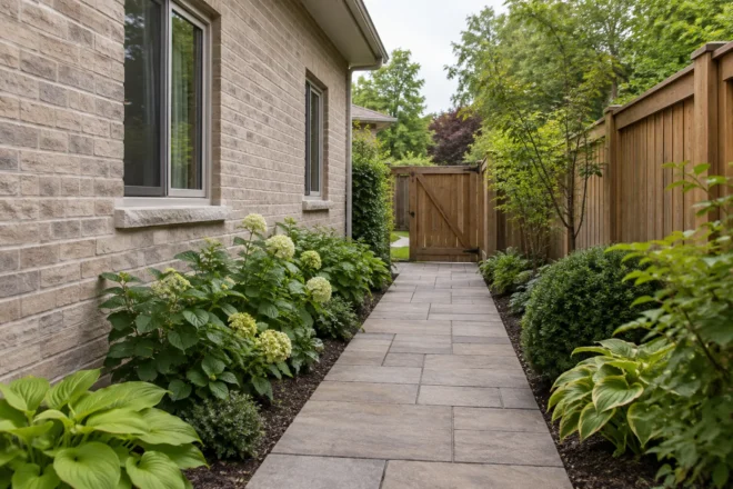 Side garden path meeting a useful rear access gate