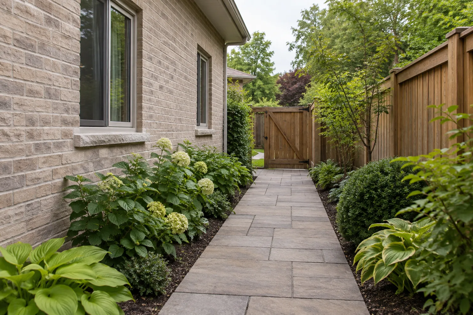 Side garden path meeting a useful rear access gate