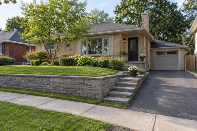Low block wall retaining a raised front lawn and garden beside stone entry steps