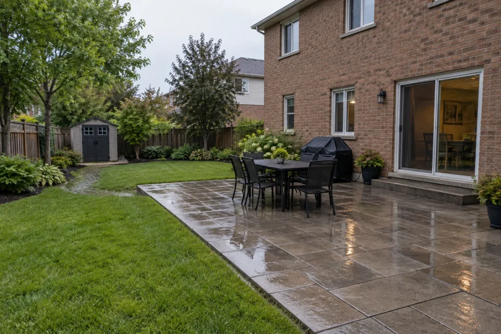 Rain-wet patio edge and adjoining lawn