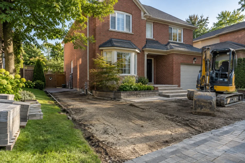 Prepared construction area and parked compact excavator at a red-brick house
