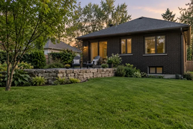 Backyard lawn beside a small retained terrace