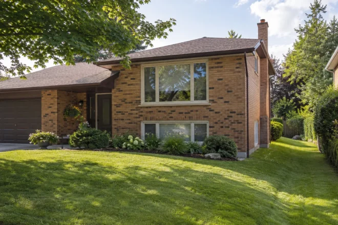 Gentle lawn fall beside a brown-brick split-level home