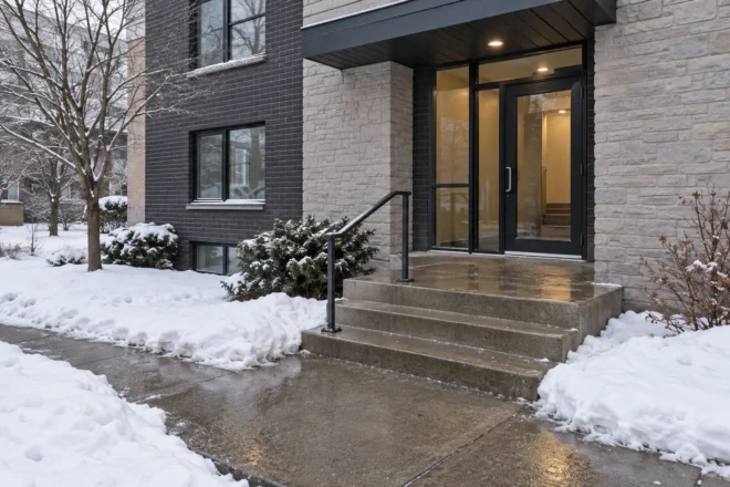 Multi-residential front steps and landing during thaw