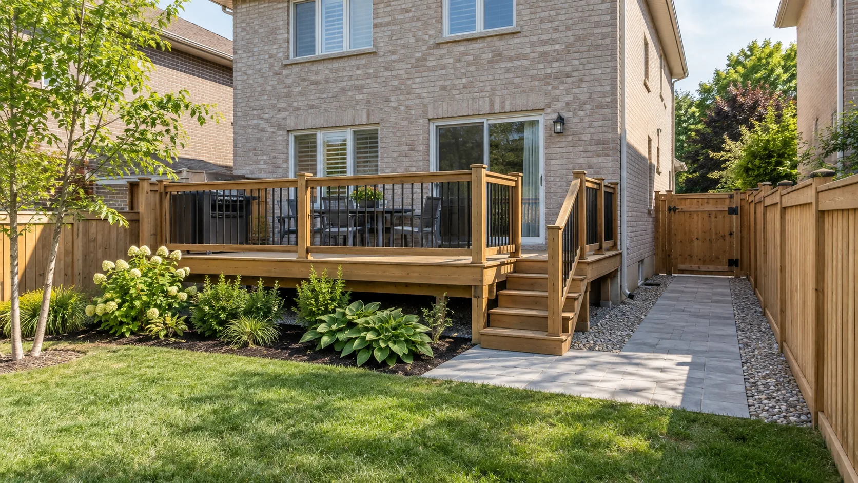 Supported residential deck and fence with clear side access gate