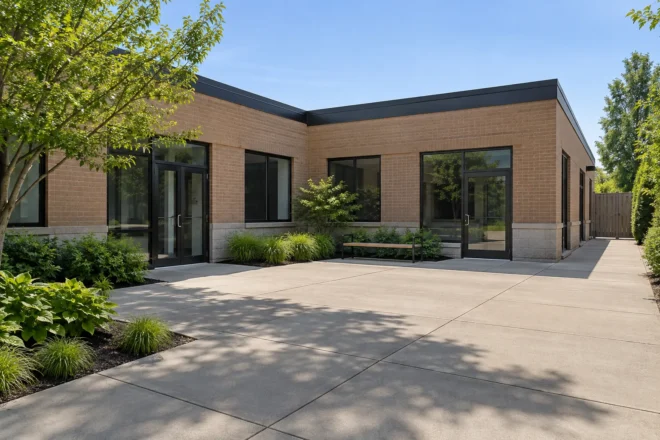 Small office courtyard with durable concrete paving, perimeter planting and a clear side-gate route.