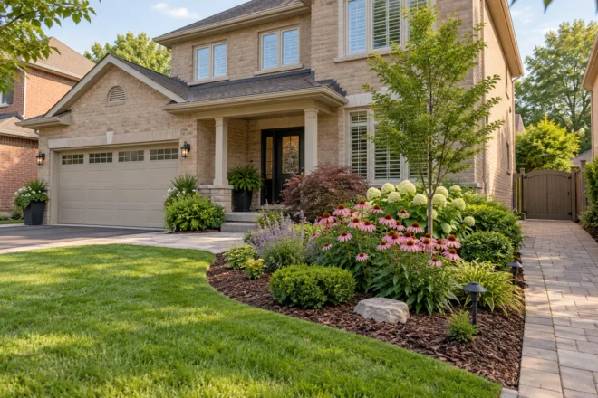 Bark mulch beneath a front perennial bed beside a beige-brick home