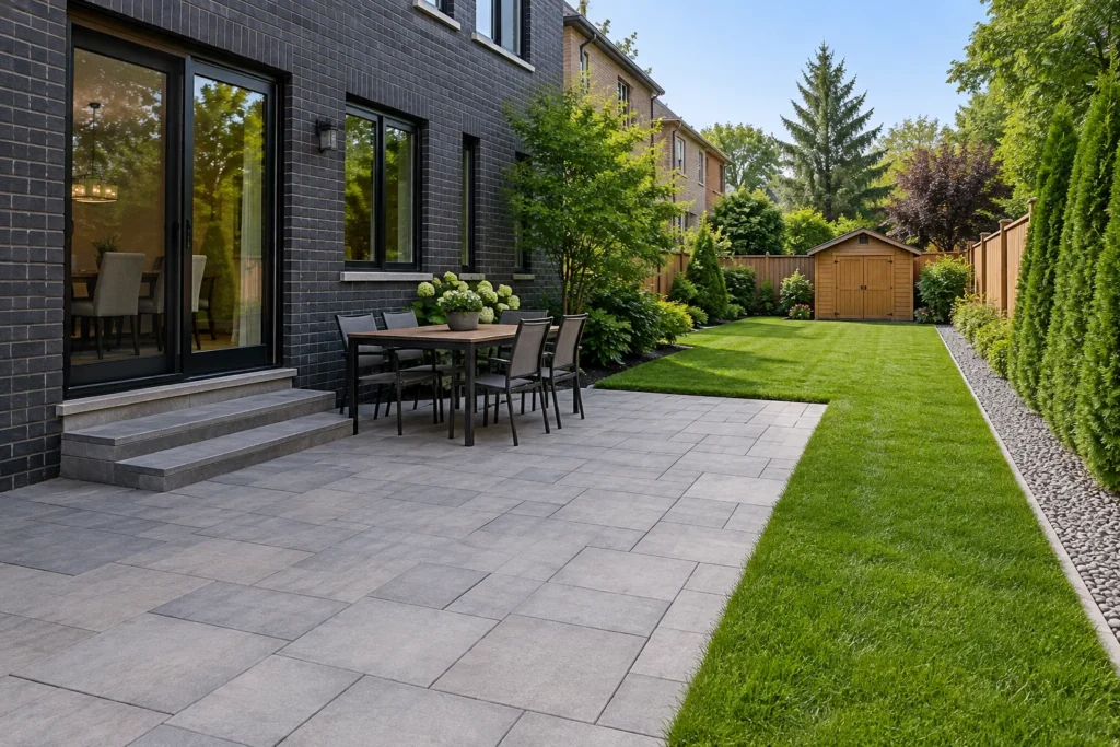 Clean paver patio beside a maintained lawn and narrow gravel drainage strip